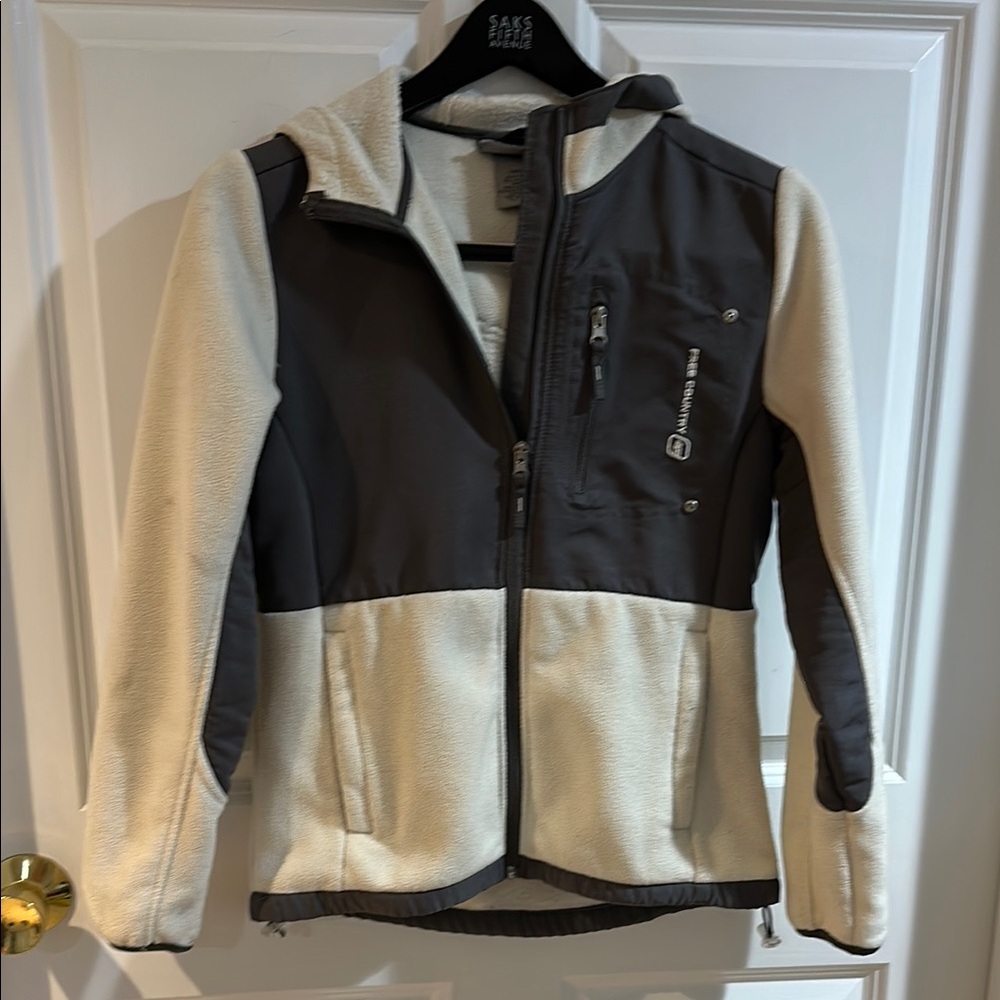 Free Country Men’s Small Cream and Gray Fleece Jacket Pockets Fall Spring